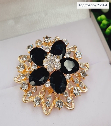 Брошка метал Цветок с черными камушками 6х6см 235164 фото 2