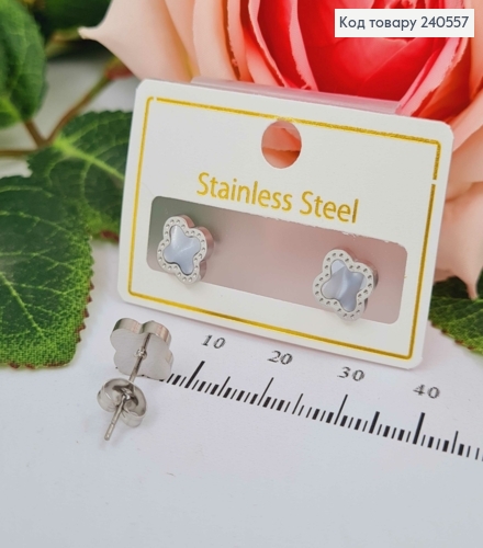 Серьги гвоздики серебряного цвета, с белой эмалью, "Van Cleef", 1см, сталь Stainless Steel 240557 фото 2