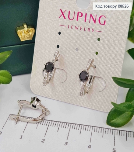 Серьги родованные с черным камнем,1,7см, англ. застежка XUPING 181626 фото 2