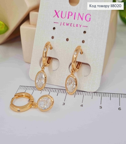Серьги кольца (1см), с подвесным овальным камешком в оправе, 1,5см, Xuping 18K. 118020 фото 2