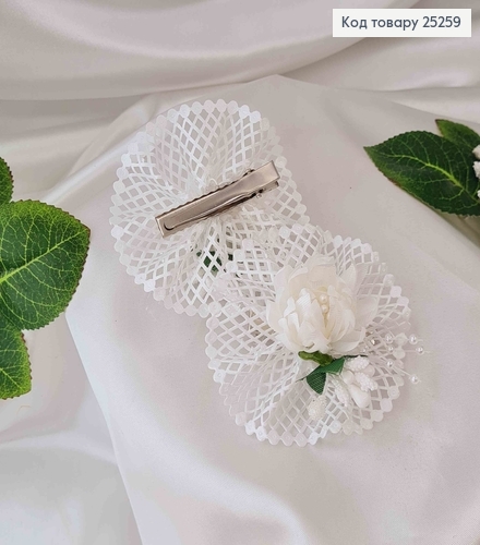 Заколка, Бант Белый, Кружево с цветочком и приложением, 7см, ручная работа, Украина. 25259 фото 2