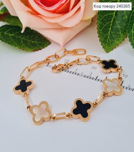 Браслет 20 см Van Cleef с чёрной и белой эмалью, цвет золотой, Stainless Steel 240265 фото 2