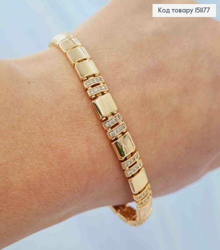 Браслет плетеный Квадратными пластинами и с Блестящими камешками, длина 17+2см, Xuping 18K 151177 фото 2