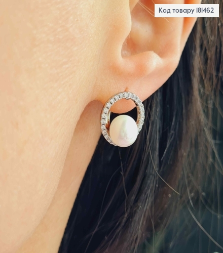 Серьги родованные, Жемчужинка в кругу из камней, 1,2см, англ застежка, Xuping 181462 фото 3