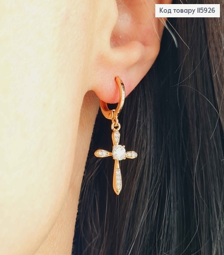 Серьги кольца 1см, с подвеской Крестиком в камешках, 2см, Xuping 18K 115926 фото 3