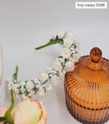 Обруч - віночок  троянди БІЛОГО кольру з фатином , основа - метал, ручна робота, Україна 25287 фото 3