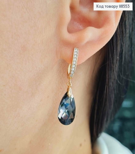 Серьги с подвесным черным камнем Сваровски, 1,4+1,9см, англ. застежка, Xuping 18К 118553 фото 2