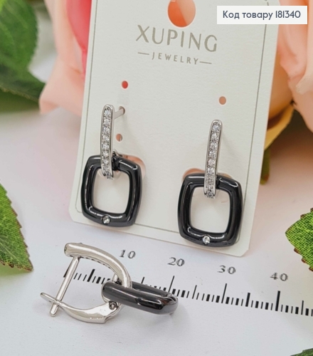 Серьги родованные, с подвесками черными квадратиками, с камешками, 2,5см, англ. зам. Xuping 181340 фото 2