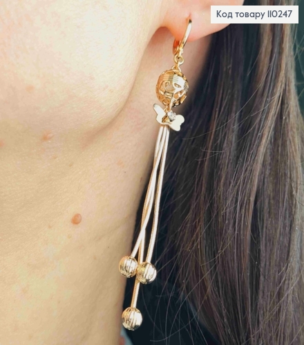 Серьги кольца с подвесными цепочками в камешки и с Бабочкой, размер 1,1+7,5см, Xuping 18K 110247 фото 3