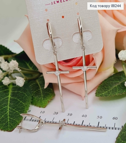 Серьги родованные, с подвесками Крестиками с круглым камешком, 4*1,5см, англ. зам., Xuping 181244 фото 2