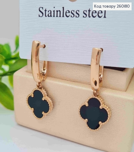 Сережки мідного кольору, з підвіскою Van Cleef з Чорною емаллю, 1,8+1,2см, Stainless Steel 260180 фото 2