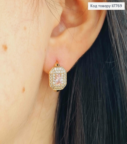 Серьги кольца (1,6см) с Квадратным Розовым камешком, Xuping 18К 117769 фото 3