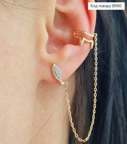 Сережки гвоздики з рибкою в камінцях, + кафи з зубками котика, на ланцюжку, Xuping 18K 115910 фото 2