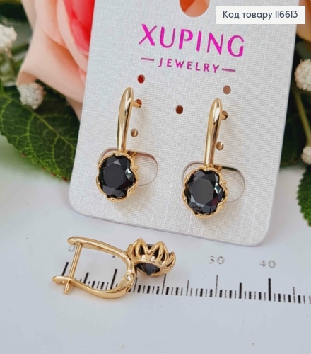Сережки "Лотос" з Чорним камінцем, 2см, англ. заст. Xuping 18К 116613 фото 2