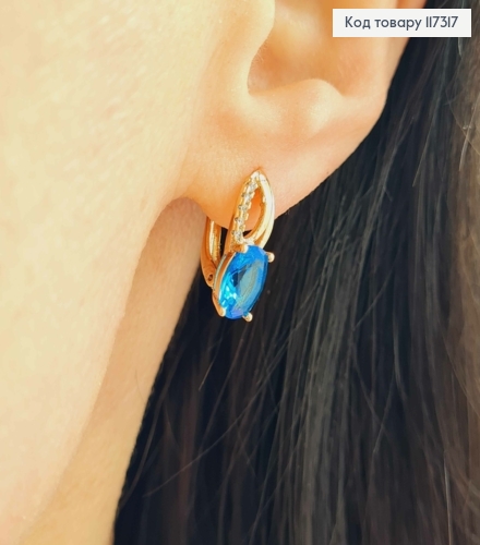Серьги "Лепесток" с камешками и большим Голубым камешком 1,7см, англ застежка, Xuping 18К 117317 фото 2