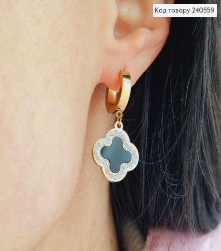 Серьги кольца, с подвесками "Van Cleef" с камешками, 1,5см, лимонные, сталь Stainless Steel 240559 фото 3