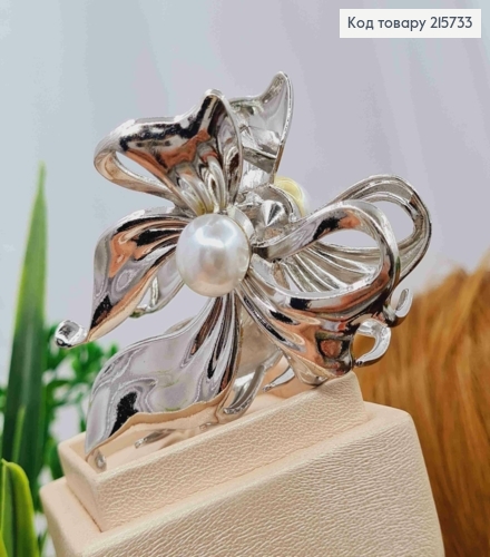 Краб металл "БАНТИК" с жемчужиной, 7см, серебряного цвета 215733 фото 2