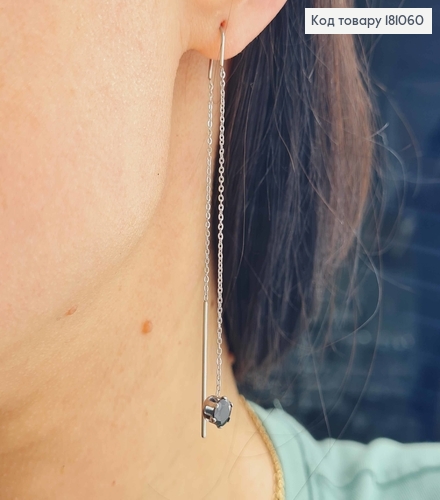 Серьги родованные протяжки 8см, с подвеской черным камешком, Xuping 181060 фото 2