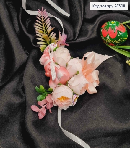 Декоративная повязка для корзины РОЗОВАЯ с зайкой и цветами, 16*10см на завязках 283011 фото 2