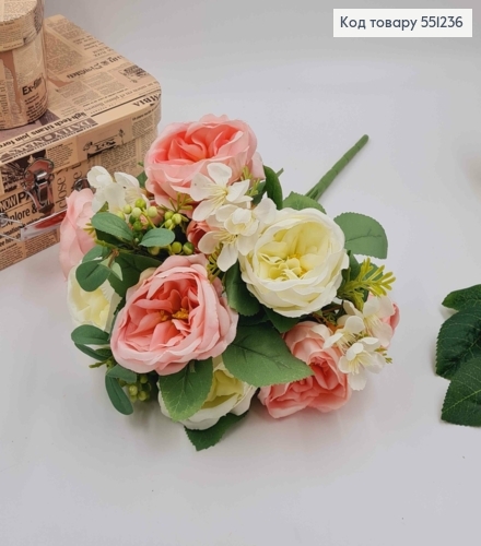 Композиция "Букет РОЗОВЫХ и БЕЛЫХ пионов с зелеными ягодками и яблоневым цветом", высотой 46см 551236 фото 2