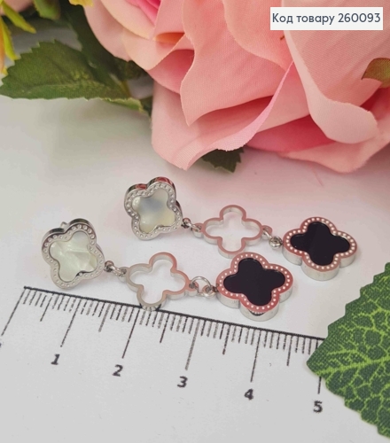 Сережки гвіздки "Van Cleef" з чорною та перламутровою емаллю, срібні 4,5см, сталь Stainless Steel 260093 фото 2