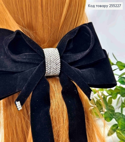 Бант з камінцями, ЧОРНИЙ,БАРХАТНИЙ , на заколці автоматик, розмір 17*20см 255227 фото 2