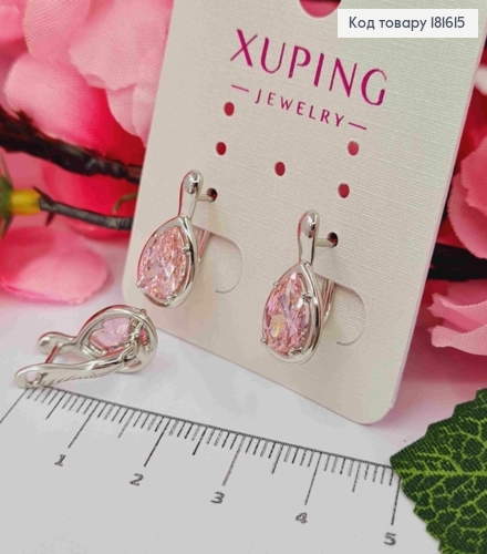 Серьги родованные "Капелька Надежды" с Розовым камешком, 1,7см, английская застежка, Xuping 181615 фото 2