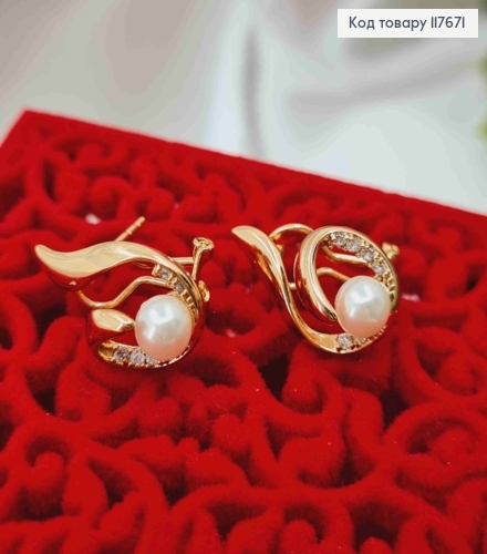 Серьги -гвоздики "Тайна" с блестящими камешками и жемчужиной, 1,8см, Xuping 18К 117671 фото 2