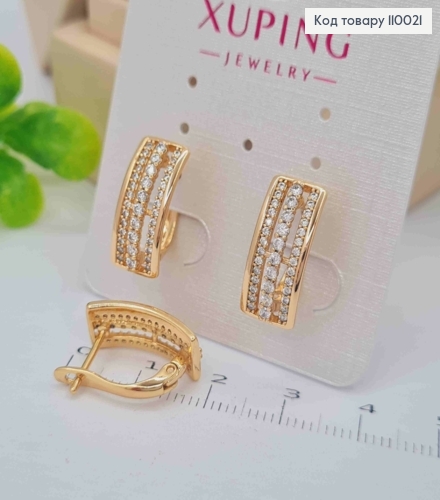 Сережки Прямокутні прикрашені Блискучими камінцями, 1,7см, англійська застібка, Xuping 18К 110021 фото 2