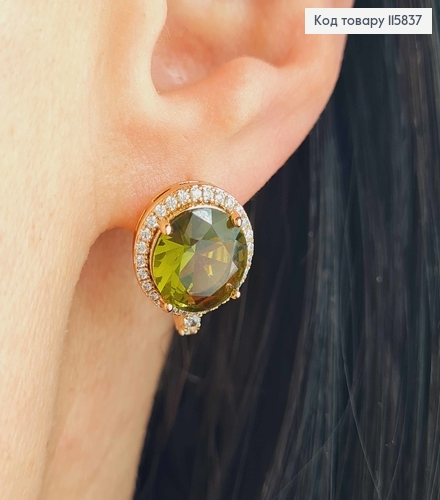 Сережки "Діва" з великим Зеленим камінцем в оправі з камінчиків, 1,5см., англ. заст.Xuping 18K 115837 фото 2