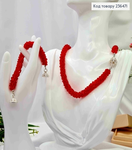 Набір: Намисто(43см) + Браслет (20см) зі Стеклярусу, Червоного кольору, застібка на магніті 236471 фото 2