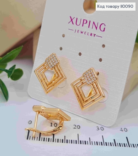 Сережки "Ромб" з Блискучими камінцями, довжина 1,7см, англійська застібка, Xuping 18K 110090 фото 2