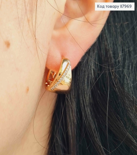 Серьги кольца, расширенные к низу украшены Блестящими камешками в один ряд, 1,7см, Xuping 18K 117969 фото 3