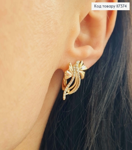 Серьги "Бантики" с блестящими камешками, длина 2,2см, англ застежка, XUPING 18K 117374 фото 2