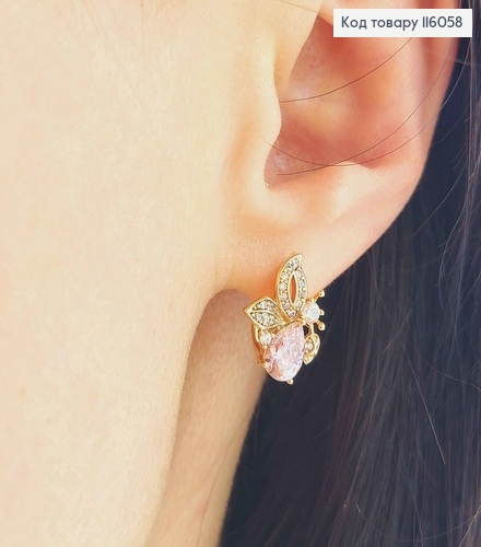 Серьги "Бабочка", с большим розовым камнем, 1,5см, англ. зам. Xuping 18K 116058 фото 2