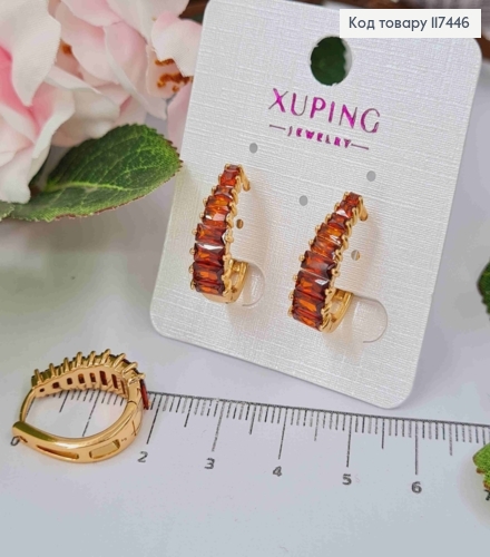 Серьги овальные, с камешками в один ряд Красного цвета, длина 1,9см, XUPING 18K 117446 фото 2