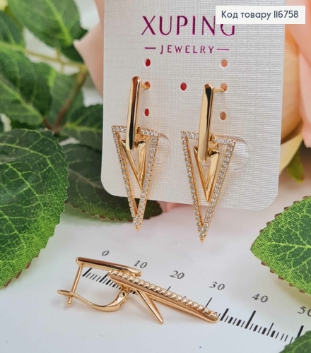 Сережки, "Два трикутники", з камінцями, 2,5см, англ. застібка, Xuping 18К 116758 фото 2
