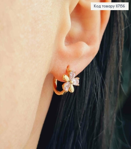 Серьги кольца (1см), ЦВЕТОК (0,9см) с розовыми камешками, Xuping 18K 117156 фото 2