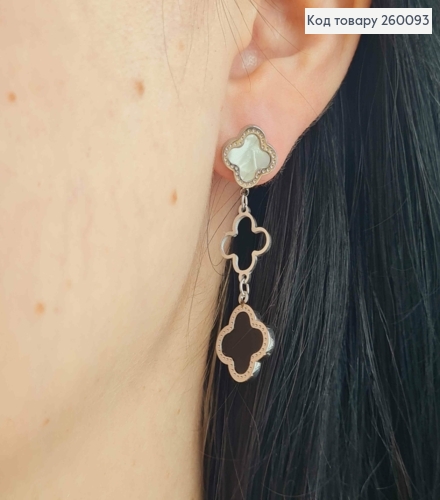 Сережки гвіздки "Van Cleef" з чорною та перламутровою емаллю, срібні 4,5см, сталь Stainless Steel 260093 фото 3