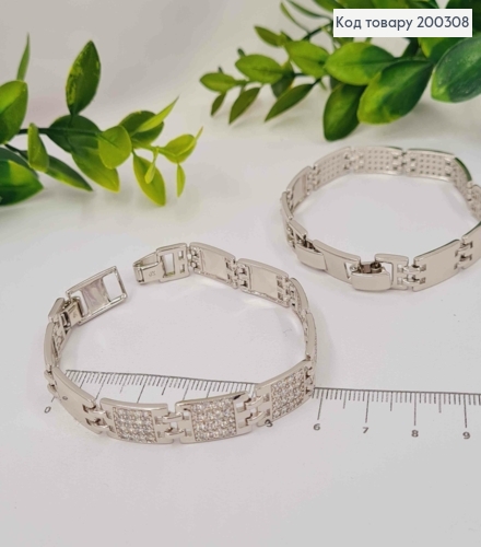 Браслет родований плетіння ПРЯМОКУТНИМИ пластинами з Блискучими камінцями, довж. 17+2см, Xuping 200308 фото 2