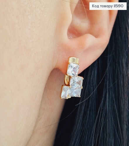 Сережки "Тетріс" з квадратними камінцями, 1,5см англ. заст. Xuping 18K 115190 фото 2