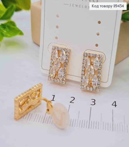Сережки - кліпси прямокутні з Блискучими камінцями, 1,6см, Xuping 18К 119434 фото 2