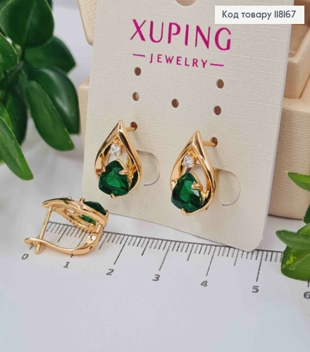 Серьги "СОФИ" с Зеленым камнем, 1,5см, англ. заст., Xuping 18K 118167 фото 3