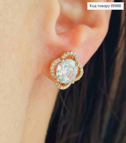 Сережки гвіздки "Квітка" прикрашена Блискучими камінцями, розміром 1,1см, Xuping 18K 119888 фото 2