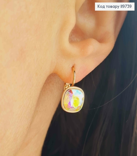 Серьги с квадратным Блестящим камнем Хамелеон Сваровски, длина 1,5см, застежка левербек, Xuping 18К 119739 фото 2