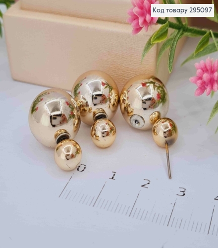 Серьги гвоздики с двумя шариками, цвета розовое золото, 0,8-1,5см. 295097 фото 2