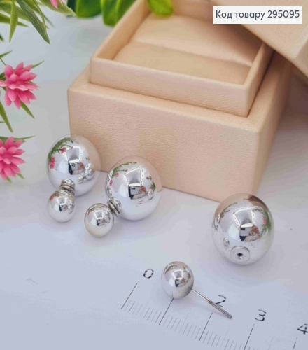 Серьги гвоздики, с двумя шариками, серебряного цвета, 0,8-1,5см. 295095 фото 2