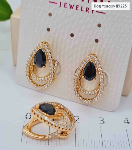 Сережки "Краплинки" з Чорним каменем, 1,8см, італіййська застібка, Xuping 18K 119223 фото 2