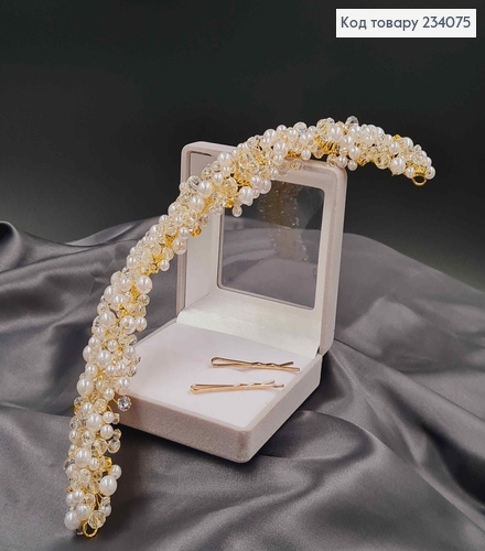 Веточка у волос золотого цвета, ручной работы, с жемчужками, камнями и стеклярусом. 234075 фото 2