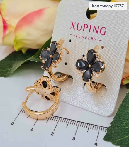 Серьги кольца, "Цветок Желаний" с Черном камнями, 2см, Xuping 18К 117757 фото 2